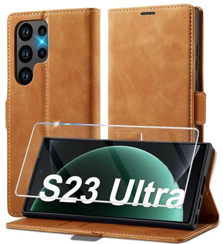 Handyhülle für Samsung Galaxy S23 Ultra Hülle Leder [Mit S23 Ultra Schutzfolie] für Samsung S23 Ultra 5G Hülle Klappbar Leder Flip Wallet, Stoßfeste Case Klapphülle für Samsung S23 Ultra 5G