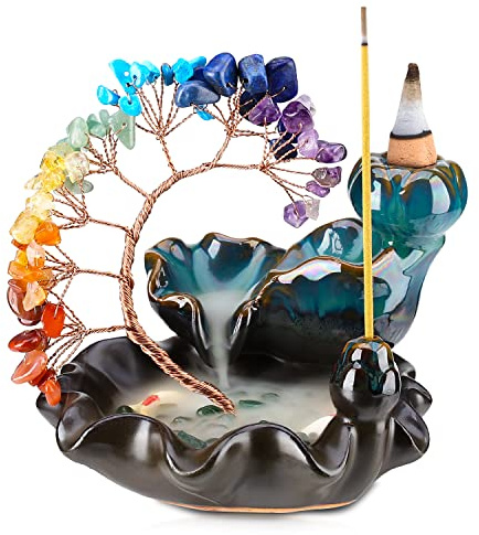 Backflow Incense Burner Ceramic Incense Waterfall 7 Chakras Crystal Tree Incense Holder Namaste Yoga Meditation and Home Decor