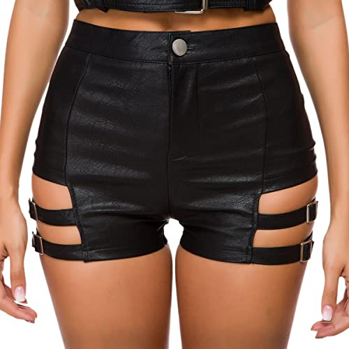 IWEMEK Gothic Women Black Faux Leather High Waisted Shorts Punk Goth Disco Rave Party Pole Dance Booty Shorts Bandage Bodycon Hot Pants Night Out Clubwear Black 04 M