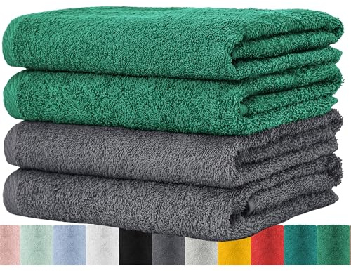 BaSaTex Handtuch Set für Haushalt & Gäste 4er Pack Handtücher Waschtücher | Frottee-Handtücher mit Aufhängeschlaufe, Waschtücher Bad Öko-Tex Standard 100, Anthrazit Smaragd, Baumwolle, Frottee, Öko-Tex