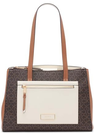 Calvin Klein Damen Tote Bag-2 in 1, Veganes Leder, 5 Taschen Hadley Tragetasche mit 3 Fächern, Braun/Khaki/Karamell/Weiß