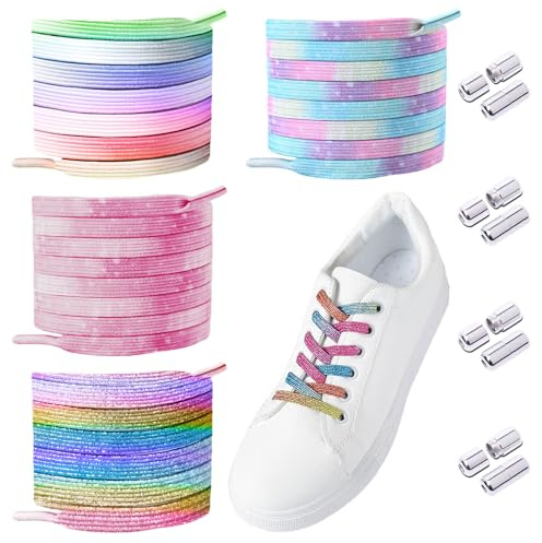 MEMOFYND Set med 4 par färgglada skosnören utan slips - elastiska band med metallspänne - universal för canvasskor, sportskor, stövlar, Material: Polyester, 120