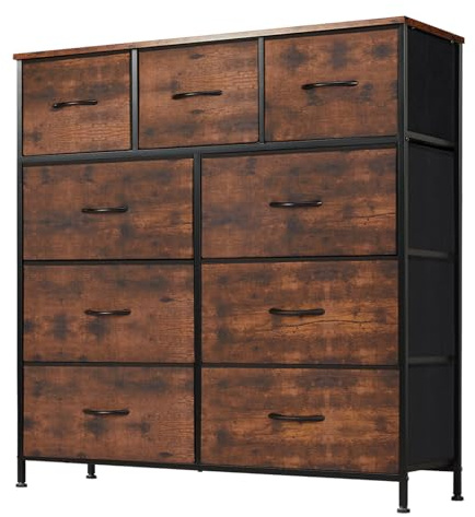 DUMOS Dresser for Bedroom, Storage Organizer with 9 Drawers, Chest of Drawers with Fabric Bins, Sturdy Metal Frame, Wood Tabletop for Guest Room, Closet, Entryway, Brown