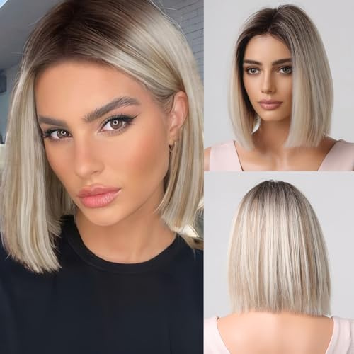 testar kort blond peruk för kvinnor 30 cm kort rak ombre blonda peruker naturligt äkta hår peruker syntetiska limfria peruker för de dagliga festkläderna för kvinnor