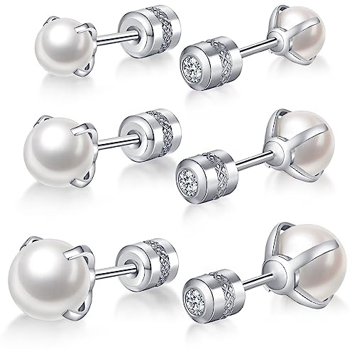 3 Paar doppelseitige Ohrstecker Set für Frauen, Pearl Stud Earrings Round Cubic Zirconia Studs 3-5-7mm (Perle)