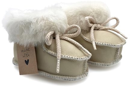 Babyschuhe aus Lammfell Junge & Mädchen warme Kinder Hausschuhe Geschenk zur Geburt Taufe Babyparty Krabbelschuhe Lammfellschuhe Baby (Creme, EU Schuhgrößensystem, Baby, Numerisch, M, 19)
