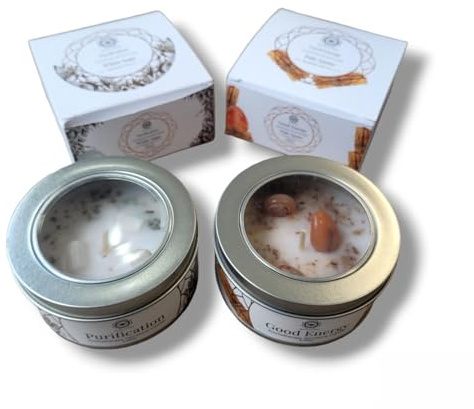 Boemy Set de 2 Velas Green Tree de Aromaterapia y Decoración con Piedra de Cornalina Naranja y Selenita Verde con Aromas gratificantes de Salvia Blanca y Palo Santo que te haran vibrar-
