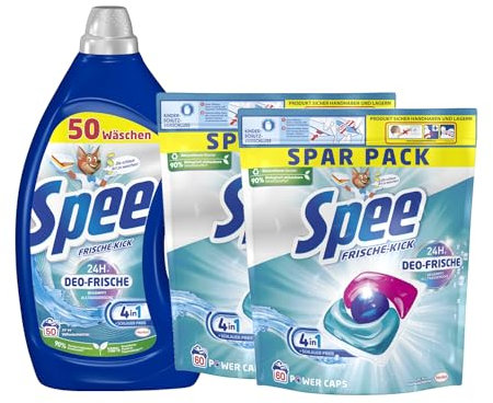 SPEE-Set Power Caps 2x 60 Waschladungen (120WL) Deo-Frische Frische-Kick & Gel 1x 50 Waschladungen Deo-Frische Frische-Kick, Waschmittel mit 4 + 1 Formel bekämpft Alltagsgerüche