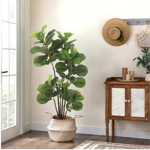 GlowSol Higuera de Hoja de violín sintética, Planta Artificial de ficus lyrata de 4 pies con 72 Hojas de violín, Planta de Piso Falsa en Maceta para Interiores y Exteriores, Sala de Estar, casa,