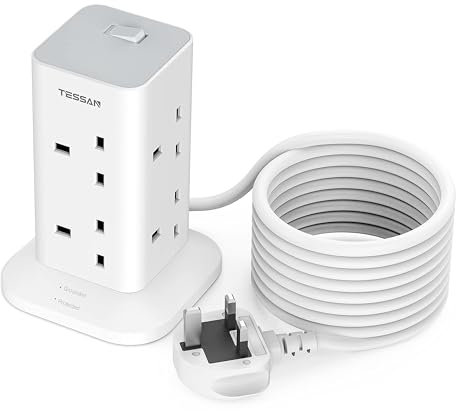 Tower Extension Lead 5M, TESSAN 8 Way Plug Adaptor 1700J Surge Protected, Long Extension Cable, Multi Plug Power Strip with Switch for Home, Office, Kitchen Supplies