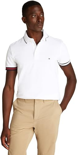 Tommy Hilfiger Men’s Short Sleeve Flag Cuff Slim Fit Polo Shirt, White (White), XXL