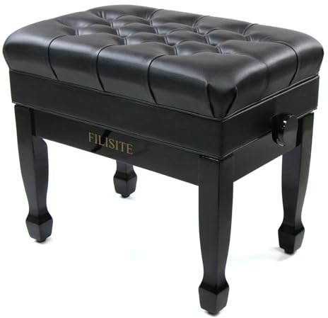 FILISITE Adjustable Height Piano Bench with Storage, Heavy Duty Solid Wood Piano Stool Keyboard Bench with PU Leather Padded Cushion (Black)