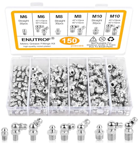 ENUTROF Fettnippel Schmiernippel-Set Schmiernippel M6 M10 M8 Sortiment Kit | 150Stk Schmiernippelsatz Kegelschmiernippel 45° 90° 180° mit Aufbewahrungsbox für Schmierpressen Abschmiernippel Kegelnippel