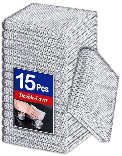 VIZAG Wire Dishwashing Rag for Wet and Dry, Non Scratch Wire Dishcloth, Double Stainless Steel Scrubber, Multipurpose Wire Dishwashing Rags for Cookware, Sinks, Dishes, (15)