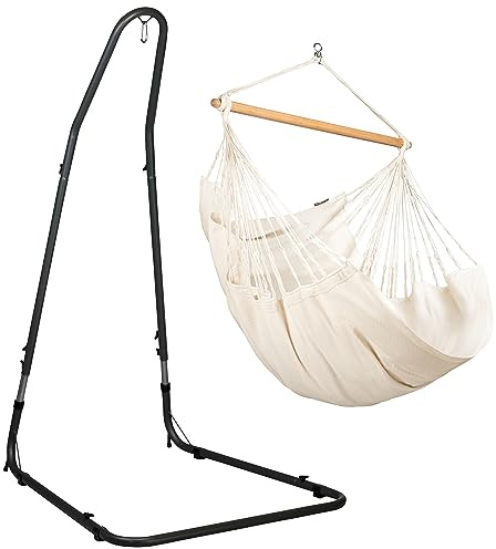 LA SIESTA® Habana Baumwoll Hängesessel & Stahlgestell - Hängesessel Gestell für Hängeschaukel, Ständer für Hängesessel für Indoor Outdoor Balkon, Garten Hängesessel für 2 Personen- Comfort Size, Latte