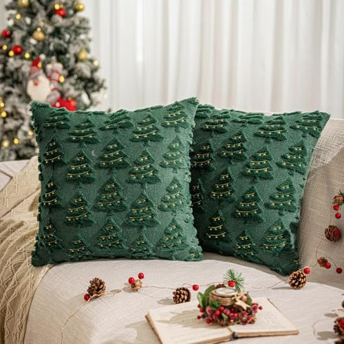 Kissenbezug Weihnachten 45x45cm,2er Set Weihnachtskissenbezug Kissenhülle Weihnachten,Weihnachts Kissenbezüge Weihnachtsdeko Winter Deko Innen Christmas Decorations Aesthetic (Grün-Tannenbaum-2)