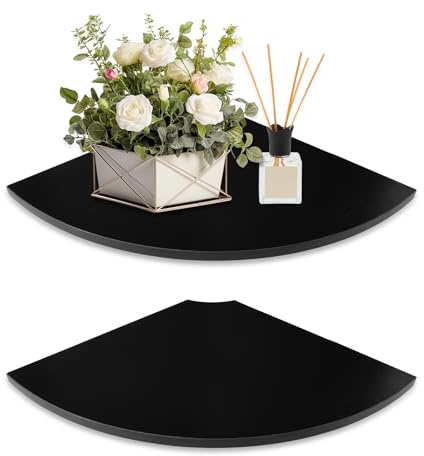 JJL Corner Shelf Wall Mounted, 12-Inch Depth Sector Wood Floating Corner Shelves with Wire Hole, Set of 2 Circular Arc Shelf for Bedroom Decoration, Black