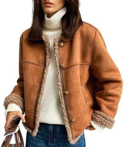Buttoned Shearling Jacket, Womens Faux Suede Sherpa Lined Jacket, Casual Button Down Lapel Long Sleeve Fleece Sherpa Lined Jacket Outwear (Dark Brown,L)