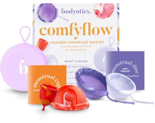 Confezione per la cura delle mestruazioni Comfyflow - Coppetta mestruale riutilizzabile e dischetti mestruali con cordoncino e anello nella custodia per il trasporto - 5 confezioni