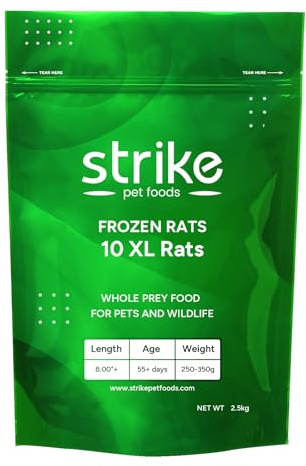 STRIKE X-Large Frozen Rats for Snake Food, Ideal Size for Large Boas, Pythons, and Large Carnivorous Lizards (250-350 Grams) (8+ inches), 10 Count