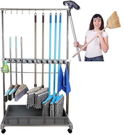 Soporte para Fregonas Carro de limpieza for herramientas de limpieza de acero inoxidable, organizador de suministros de limpieza, soporte for herramientas de jardín, soporte for paraguas, con ruedas,