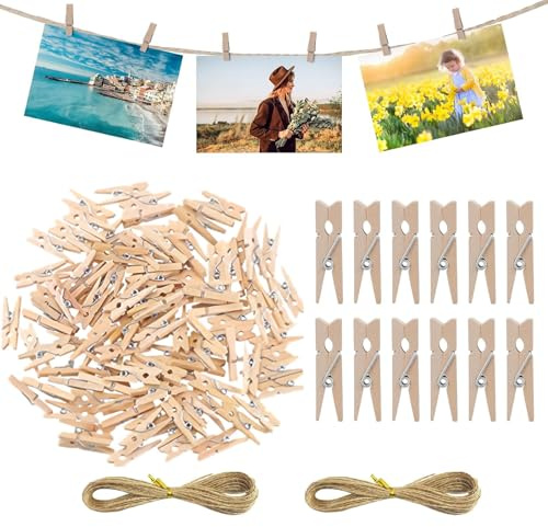 Mini Pegs, Mini Wooden Pegs,100 Pieces Wooden Pegs and 2 Rolls of Gold Wire Twine, Suitable for DIY Crafts, Home Decor, School Projects, Suitable for Children and Adults