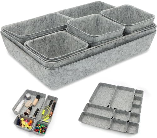 SPOKKI 11 Stück Schubladen Organizer Filz Stapelbare Filz-Aufbewahrungsboxen, 4 Größe Schubladen Organizer Ordnungssystem aus Filzs Flexible Filzkorb für Schreibtisch,Schminktisch,Nachttisch,Schrank