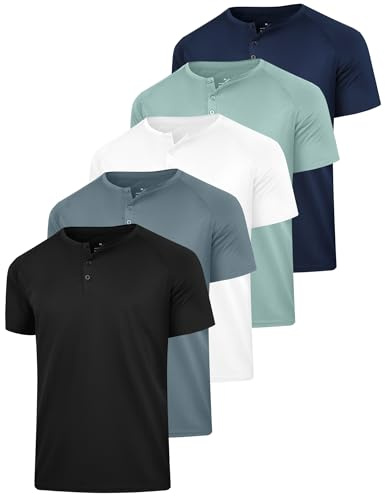 HovSiyla 5 Pack Men's Henley Shirt Basic T Shirt, Moisture Wicking Breathable Button Down Short Sleeve Black Gray White Green Blue X-Large
