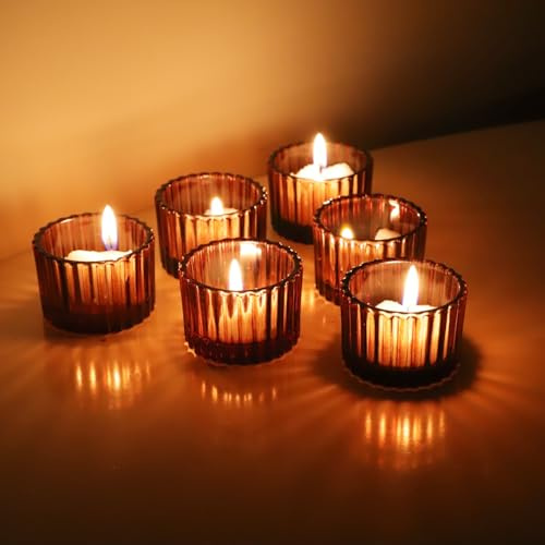 Vohocandle 12 Petits Bougeoirs Verre Marron pour la Automne/Hiver, Marron Photophore Verre Côtelé pour Les Décorations de Thanksgiving, Contenant pour Bougie Vintage pour Noël (5 cm × 3,5 cm)