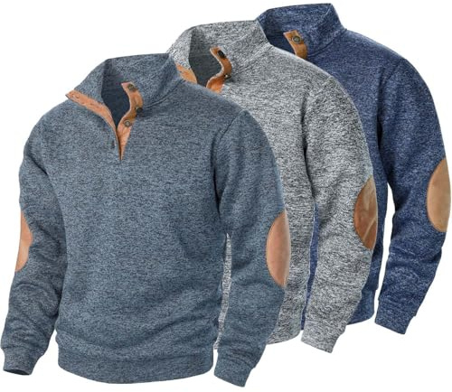 SOOUICKER Pullover Herren 3er Set Sweatshirt Herren Stehkragen Vintage Rollkragenpullover Sport Arbeitspullover Oversize Outdoor Pulli Ohne Kapuze Zweifarbig Knopfleiste