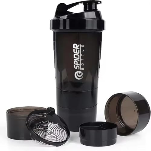 YDYxieji 16oz Protein Shaker Bottle, 3 Layer Twist Off GYM Shaker Cup Shake Bottle with Mix Grid and Pill & Supplement Storage, Leak Proof Shaker for Protein Shakers (Black)