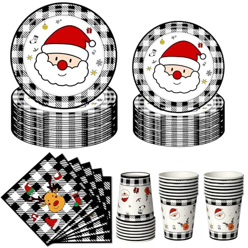 Nkaiso Kit de Vajilla Desechable Navideña 64 Piezas - 16 Platos de 23 cm, 16 Platos de 18 cm, 16 Vasos y 16 Servilletas - Decoración para Fiestas de Navidad - 16 Invitados