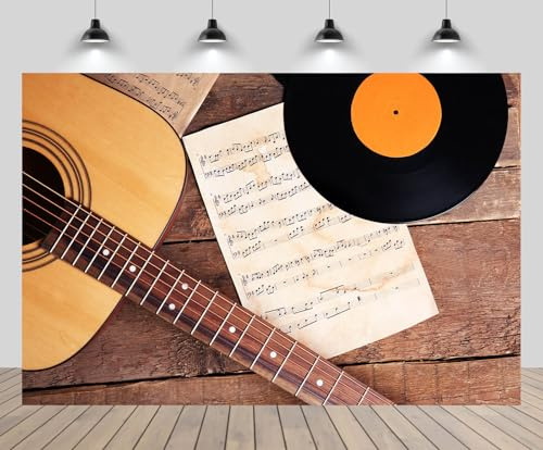 CHNBGPRO 1.5x1.5m Guitar Backdrop for Photography Modern Guitar and Gramophone Records on Wooden Background Music Band Party Decor Adult Birthday Portrait Photo Booth Props Wallpaper