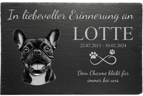 Personalisierter Gedenkstein Hund Schiefer mit Bild Grabplatte Hund wetterfest für draußen Französische Bulldogge Gedenktafel mit Laser Gravur groß Foto Grabstein personalisiert 40x30 / 30x20 / 30x15