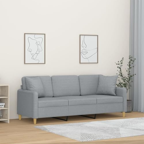 Frdhee Mini Sofa Küchensofa, 3-Sitzer-Sofa mit Zierkissen Hellgrau 180 cm Stoff für Gäste und Alltag