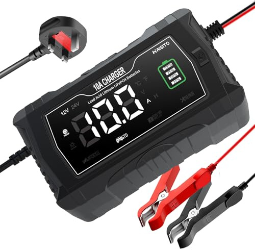 Haisito car battery charger 10A 12V/24V, LiFePO4 lithium battery lead acid battery eddy current charger, suitable for car, lawn mower, motorcycle and other battery chargers