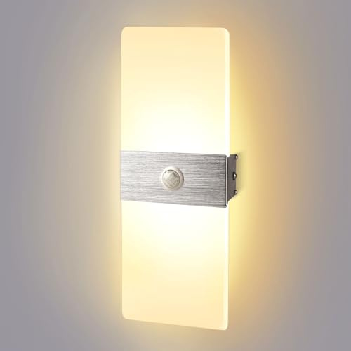 LED Wandleuchte mit Bewegungsmelder 12W Wandlampe Innen Warmweiß 3000K | JaneYi Moderne Wandbeleuchtung Innen Acryl Aluminium Lampe Wand für Flur Treppenhaus Balkon Wohnzimmer Schlafzimmer