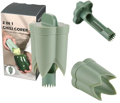 2 in 1 Chili Pepper Corer and Seed Remover, Plastic Kitchen Tool for Bell Peppers and Vegetables, Green