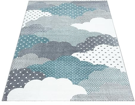 KADIMA DESIGN Kinderteppich Wolken-Motiv Himmel Pflegeleicht Bunt Waschbar Strapazierfähig Blau 80x150 cm Kinderzimmer Fußbodenheizung geeignet Schadstoffgeprüft Babyzimmer Oeko-TEX | NOLA