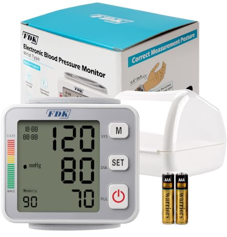 FDK Handgelenk-Blutdruckmessgerät – Präzises Messgerät mit großem LCD-Display, 90 Speicherplätzen, Herzfrequenzmessung & Ein-Tasten-Bedienung – Ideal für zu Hause & unterwegs
