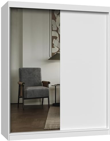 BDW IGA Armoire avec portes coulissantes et miroir, blanc, 160 x 200 x 61 cm, stratifié, tringle à vêtements et étagères