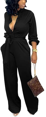 SxClub Black Jumpsuits for Women Dressy Sexy Elegant Long Sleeve Long Straight Pants Rompers Busineess with Pockets Button(XX-Large)