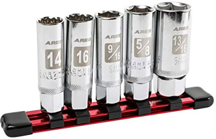 ARES 11016-5-Piece Magnetic Spark Plug Socket Set - Includes 14mm and 16mm Thin Wall Sockets and 9/16-inch, 5/8-inch, and 13/16-inch Sockets - Convenient Reusable Storage Rail Included | Convenient reusable storage rail included