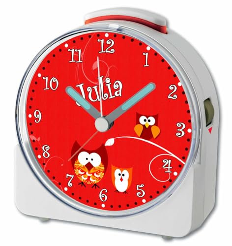 CreaDesign, WU-71-1007-20, Eule Rot, analog Kinderwecker weiß, Funkwecker mit Sweep-Uhrwerk und fluoreszierenden Zeiger und Licht, personlisiert mit Namen, 10,2 x 4,6 x 11 cm