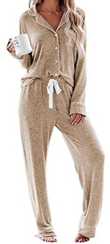 Aamikast Schlafanzug Damen Lang Pyjama Sets mit Knopfleiste Zweiteiliger Nachtwäsche Hausanzug(L,weizen Farben)