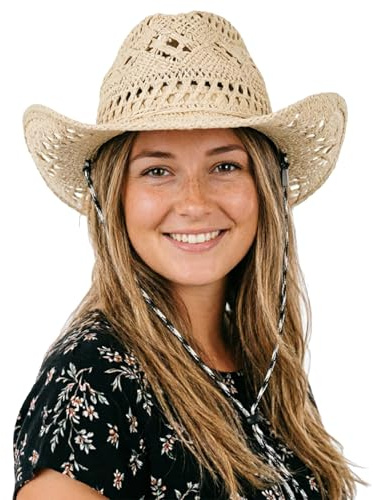 GEMVIE Cowboy Cowgirl Summer Straw Hat Wide Brim Hollow Out Cowboy Beach Sun Hats for Women Ladies Beige