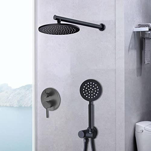 Juego de alcachofa de ducha empotrada, sistema de ducha, color negro, sistema de ducha de latón, alcachofa de ducha, válvula para grifo de pared, color negro mate