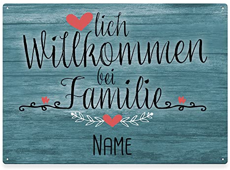 Haustürschild mit Name - Herzlich Willkommen bei Familie - Metallschild mit Familienname personalisieren, Outdoorschild aus Aluminium | Wetterfest, 28x20 cm