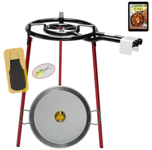 COMBOI Paellero gas butano 40 cm kit quemador paellera de 46 cm Soporte de 3 Patas nivel delantal libro de recetas digital