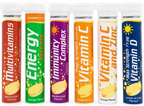 Vitamin Store Variety Pack Effervescent Tablets - 6 Packs Variety of 20 Flavoured Dissolvable Fizzy Supplement - Contains Vitamins C, D, Zinc & Selenium